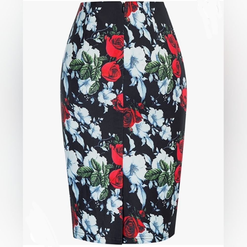 Vintage FloralPrint High-Rise Midi PencilSkirt Black - Picture 4 of 13